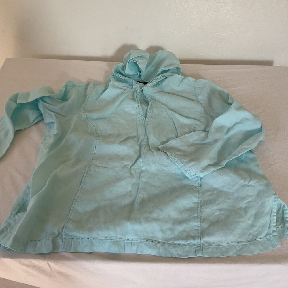 Talbots Coastal Hoodie Womens Large Blue Pure Irish Linen Pullover Resort Beach